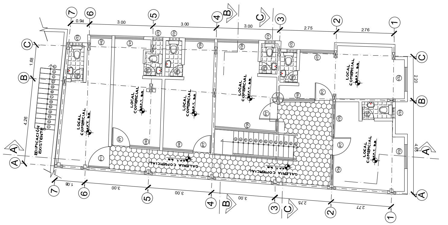 16x7m local commercial shop first floor plan is given in this Autocad drawing file. Download now.