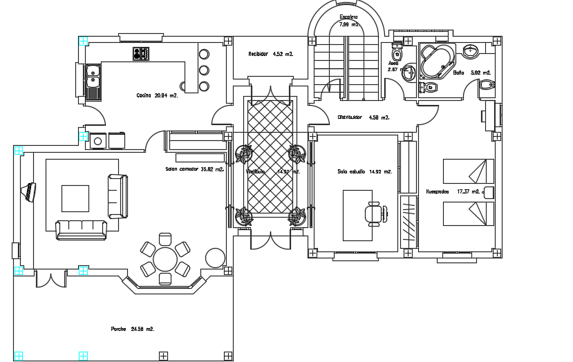 16x9m architecture two story house ground floor plan cad drawing