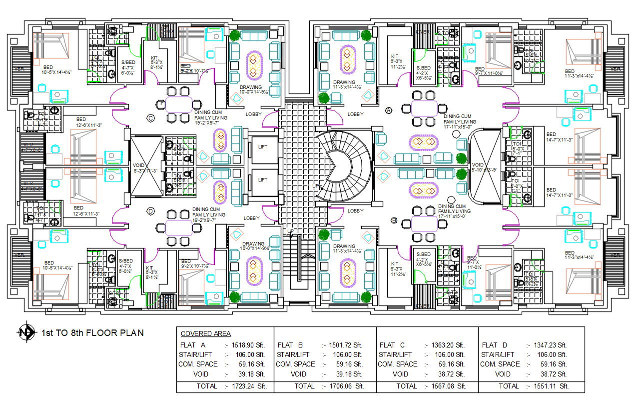 1700 SQ FT Apartment Plans With Furniture Layout AutoCAD Drawing