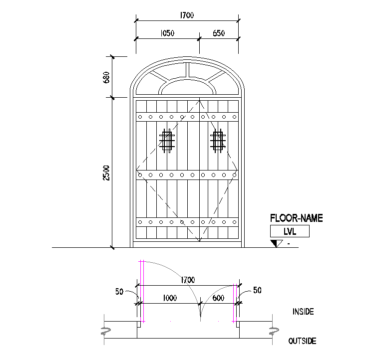 1700x3180mm single arch type of door plan is given in Autocad drawing file.  Download now.