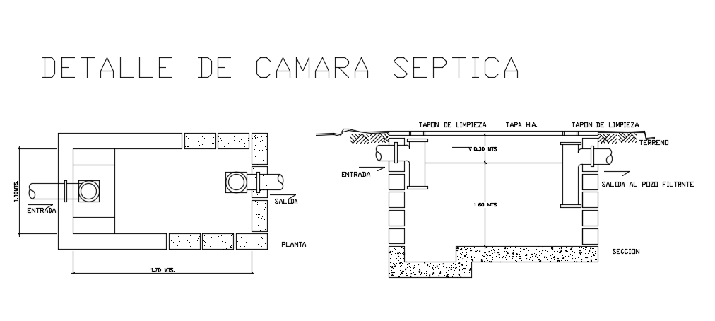 170x110cm septic tank plan and section CAD drawing