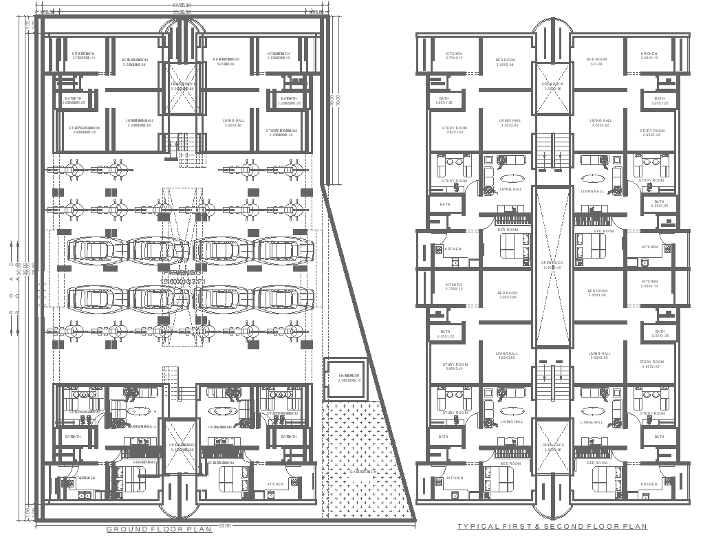 17.36mx30m Multi-Story House with Parking Plan in DWG File