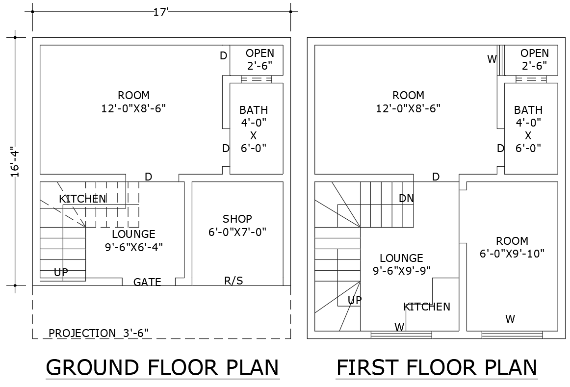 17x16.4 ft 3BHK house with shop layout DWG floor design
