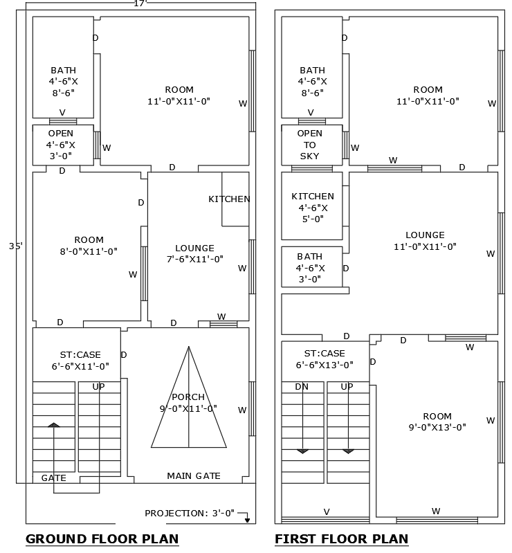 17ftx35ft 4BHK Ground and First Floor House Plan DWG File