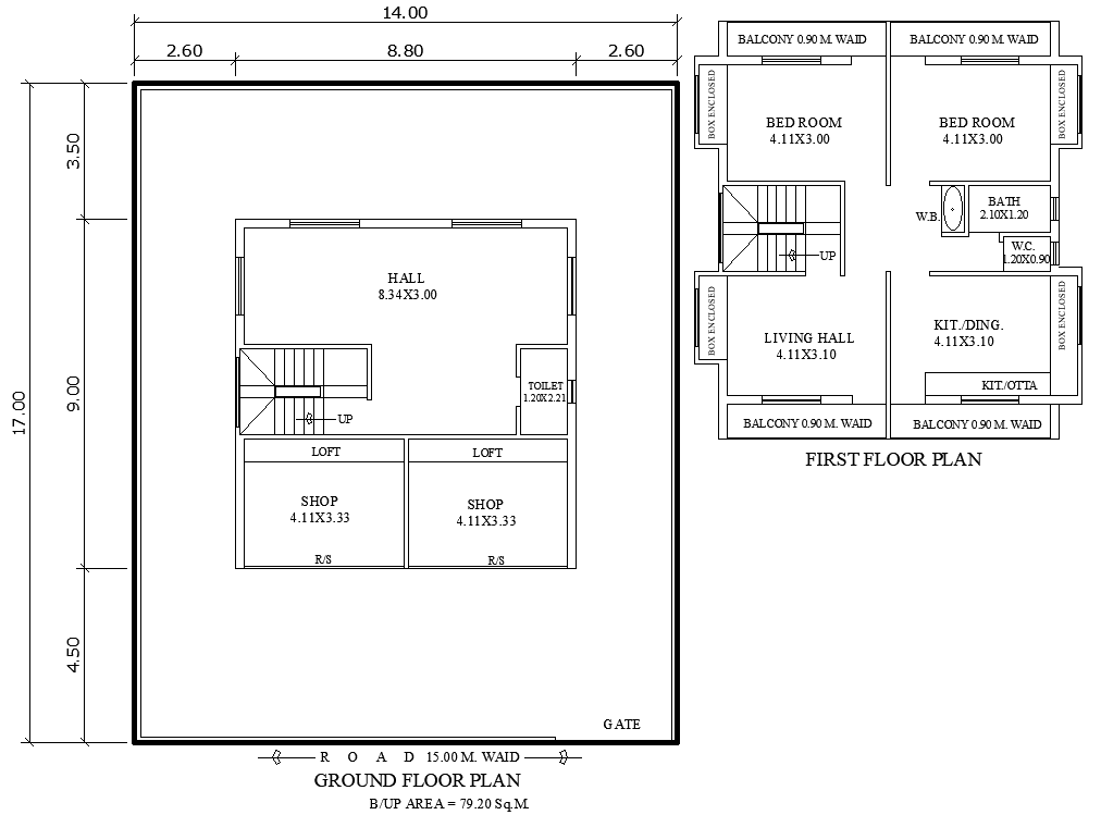 AutoCAD DWG Plan of 17m×14m × 14 m Two-Floor House with Shop