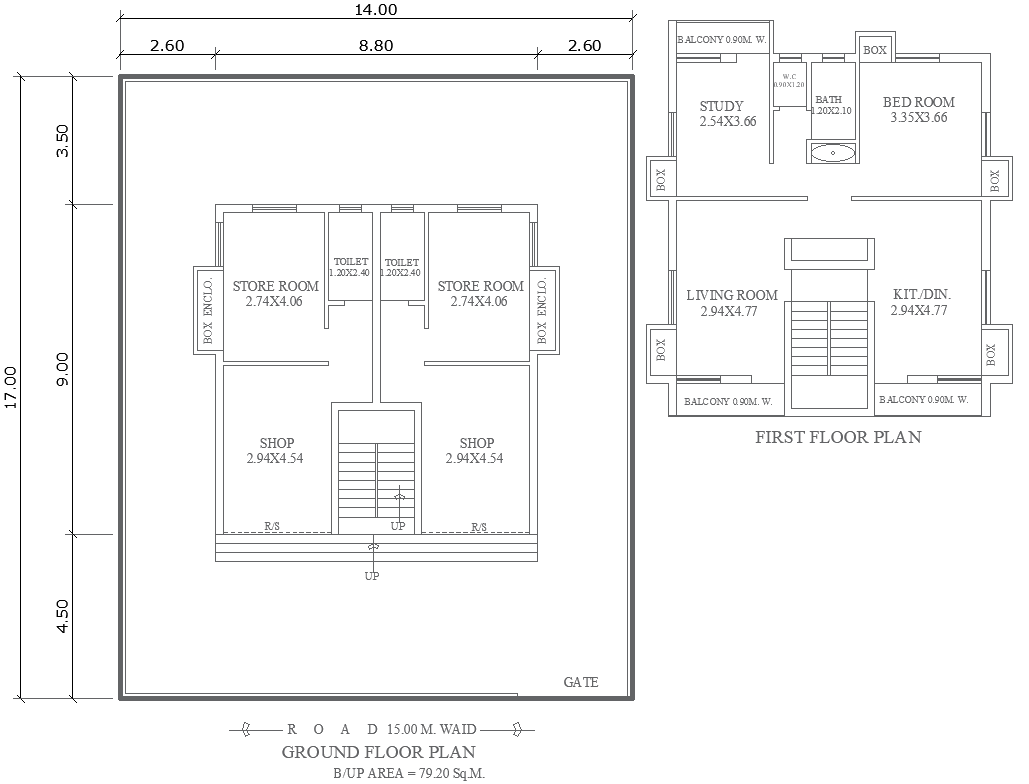 17m×14m Ground Floor Shop and House Plan in DWG Format