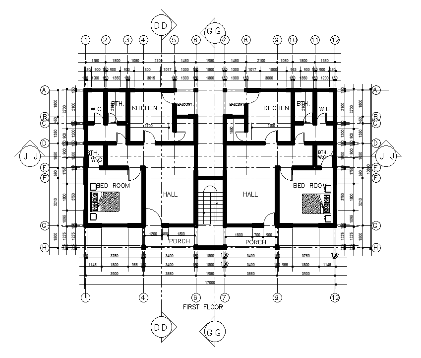 17x11m first floor twin house plan is given in this Autocad drawing file.Download now.