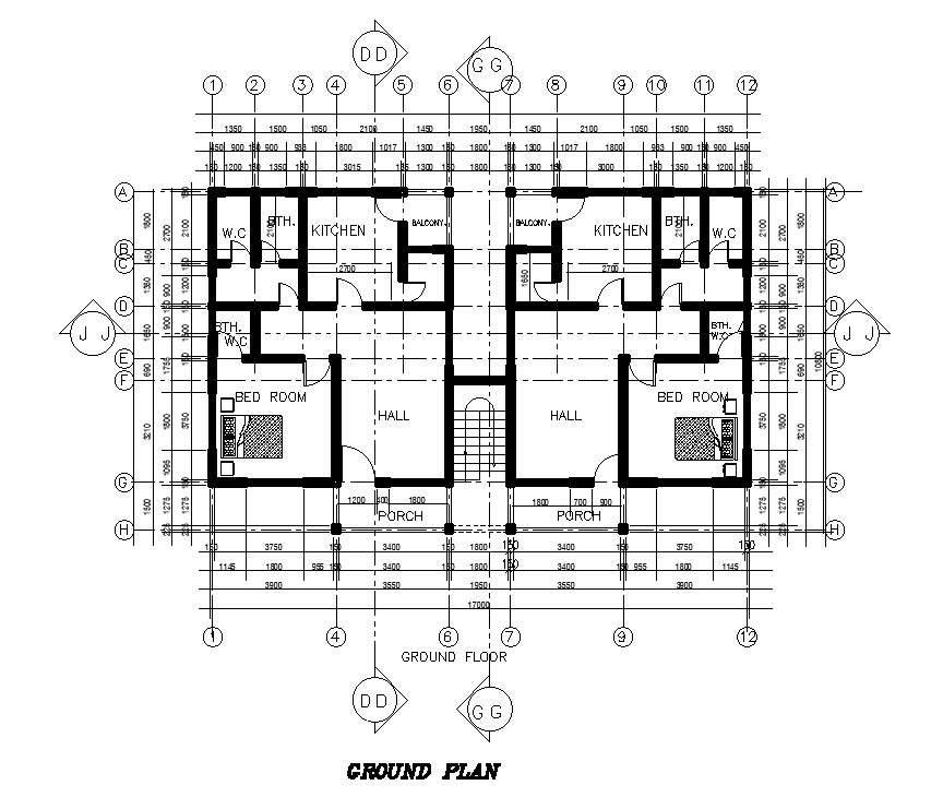 17x11m ground floor twin house plan is given in this Autocad drawing file. Download now.