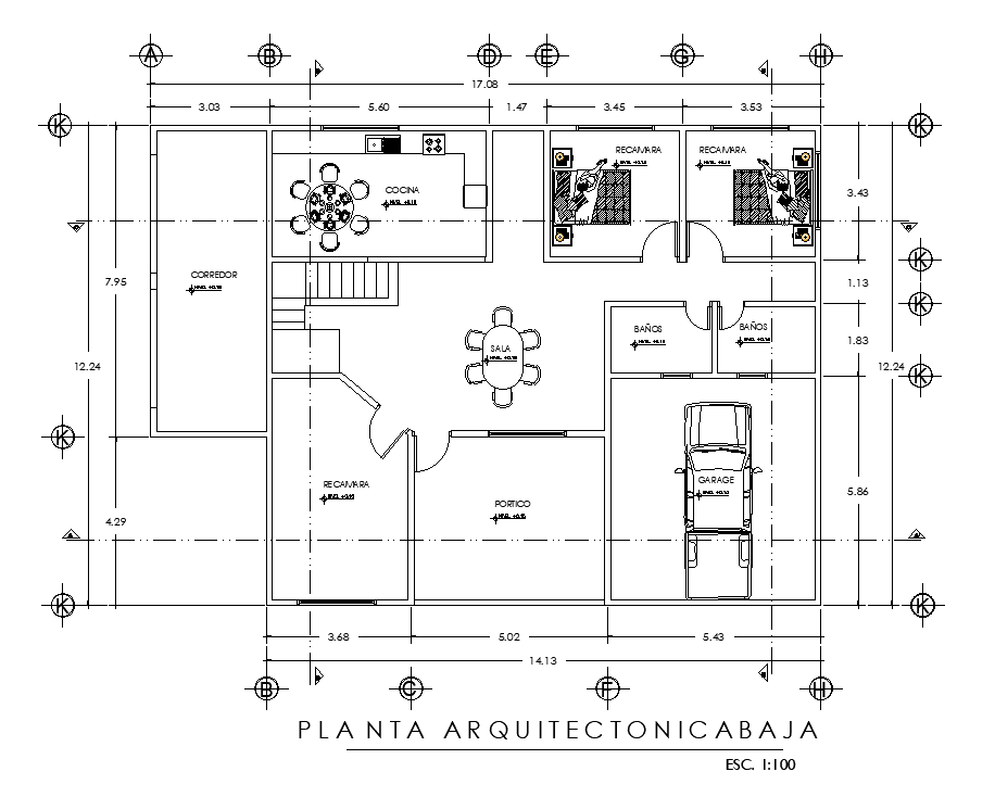 17x13m house plan is given in this AutoCAD DWG drawing file. Download now.