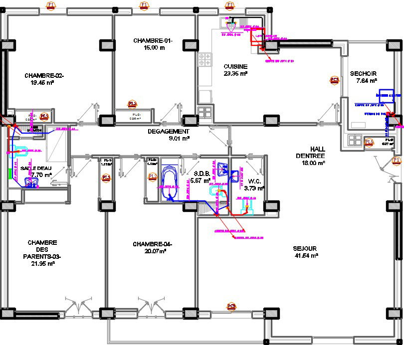 17x14m apartment second floor sanitary water line layout