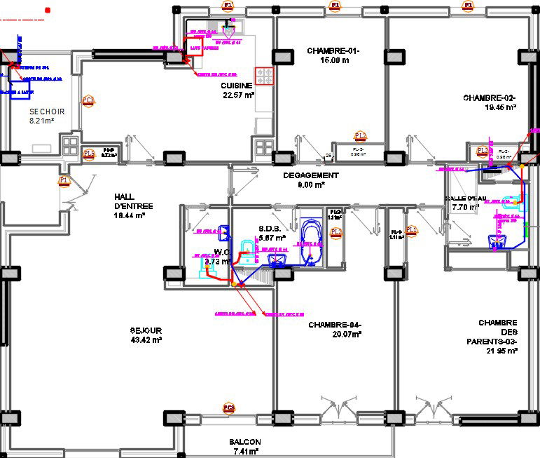17x14m architecture 4bhk apartment house plan is provided in this CAD drawing