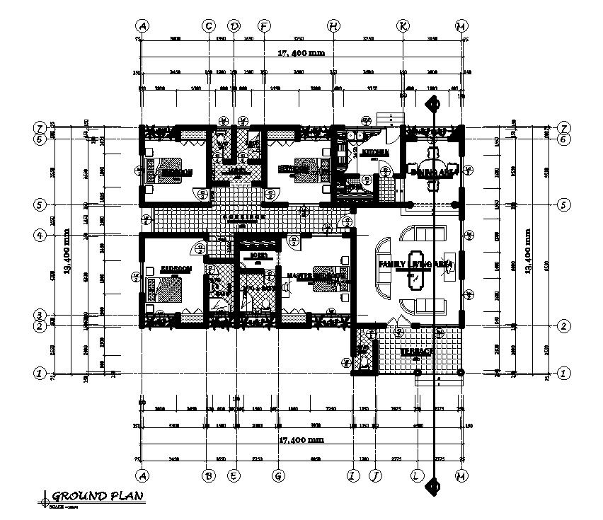 17x14m ground floor house plan is given in this Autocad drawing file. Download now.