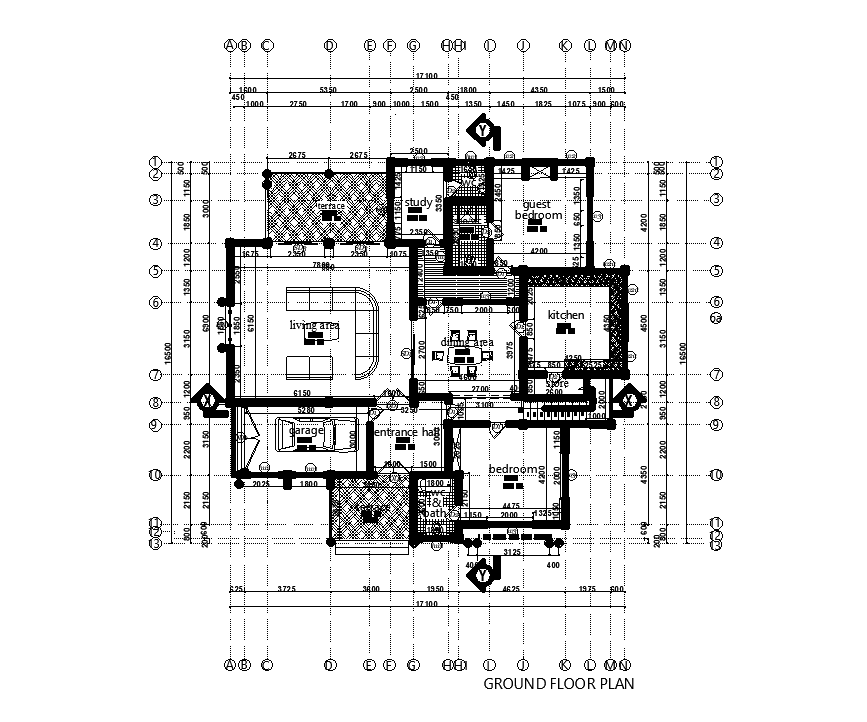 17x17m ground floor house plan is given in this Autocad drawing file. Download the Autocad drawing file.