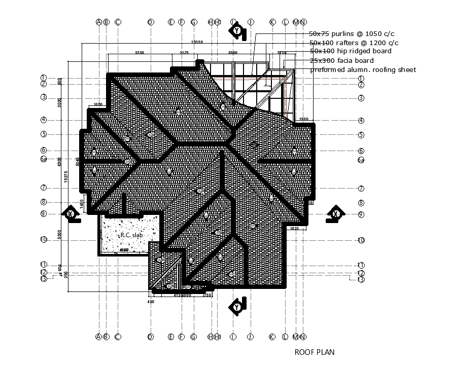 17x17m roof floor plan of house is given in this Autocad drawing file. Download the Autocad drawing file.
