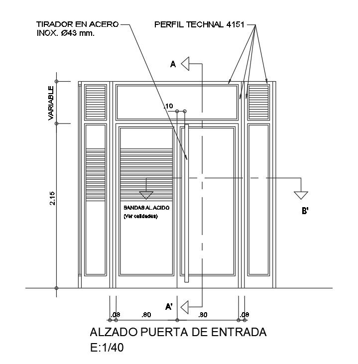 1.7x2.15m main door elevation view is given in this Autocad drawing file.Download now.