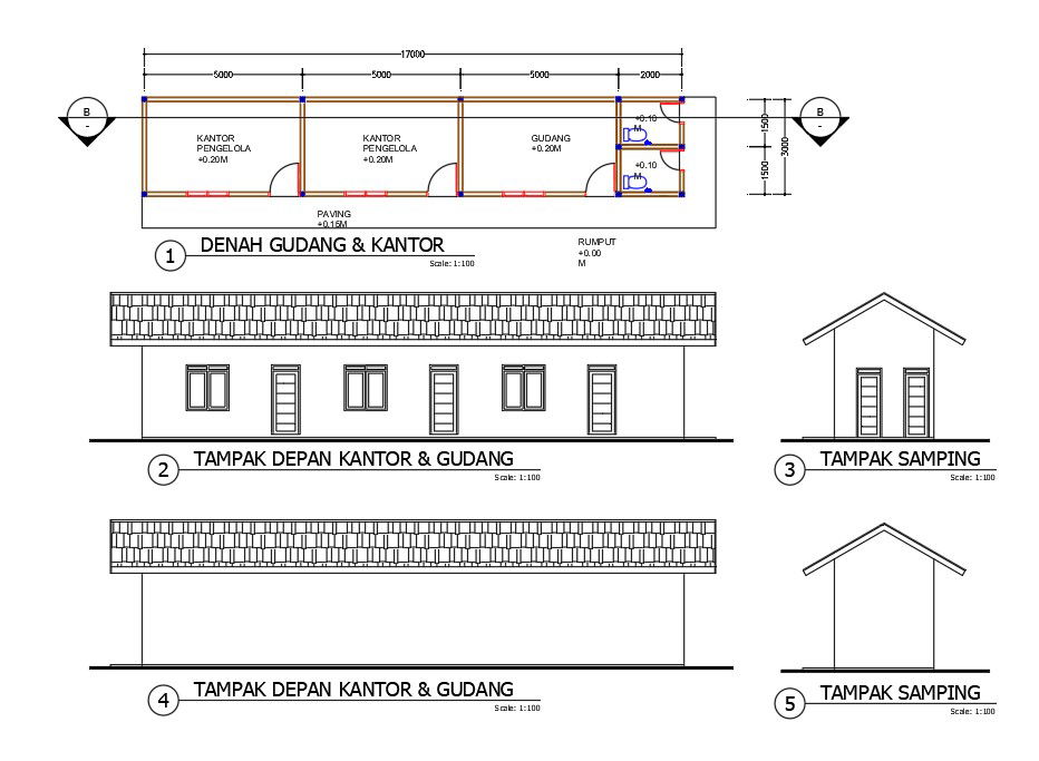 17x3m warehouse and office plan architecture drawing