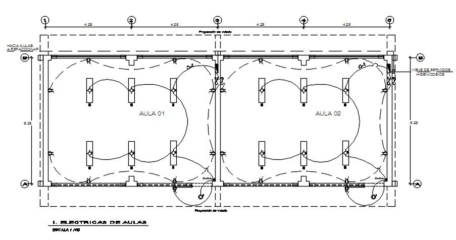17x6.25m class room plan is given in this Autocad drawing file. Download the Autocad drawing file.