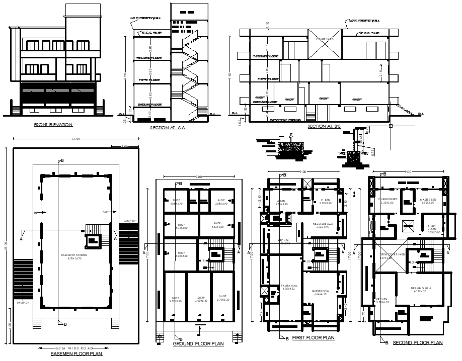 Residential 3-Story House AutoCAD Layout 17x9m with Basement