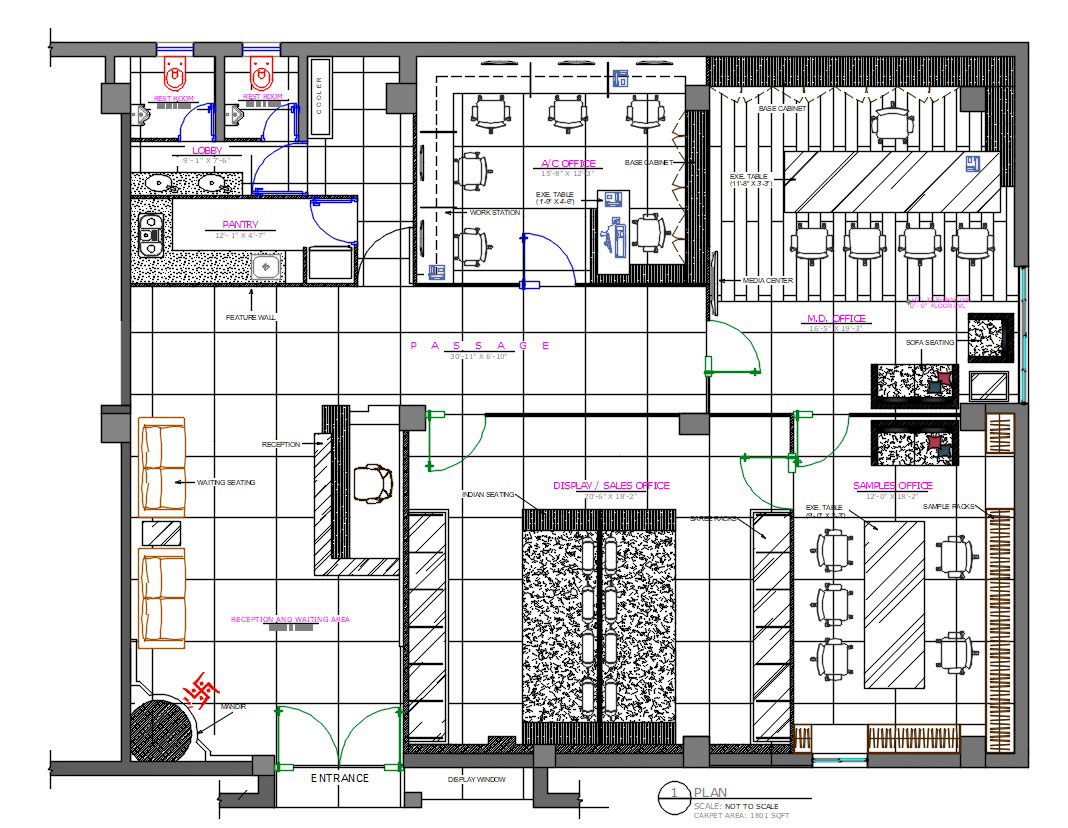 1800 SQ FT Office Furniture Layout Plan AutoCAD File