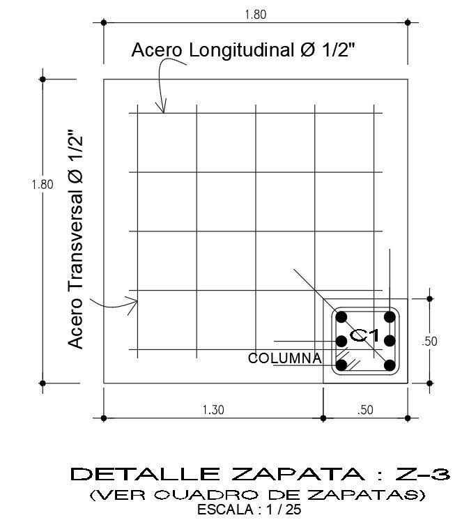 1800x1800mm foundation plan is given in this AutoCAD drawing model.Download now.