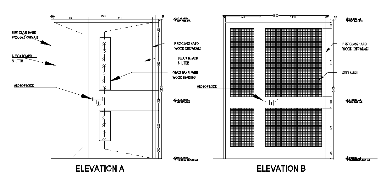 1800x2400mm door plan and elevation CAD drawing is given in this file