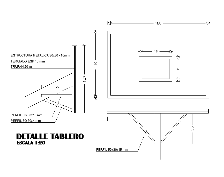 180x110cm board detail is given in this Autocad drawing model. Download now.