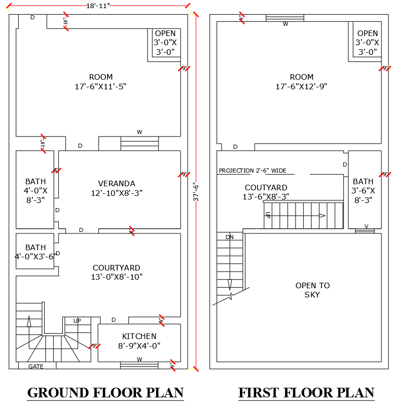 18.11x37.6ft 2BHK house plan DWG ground and first floor