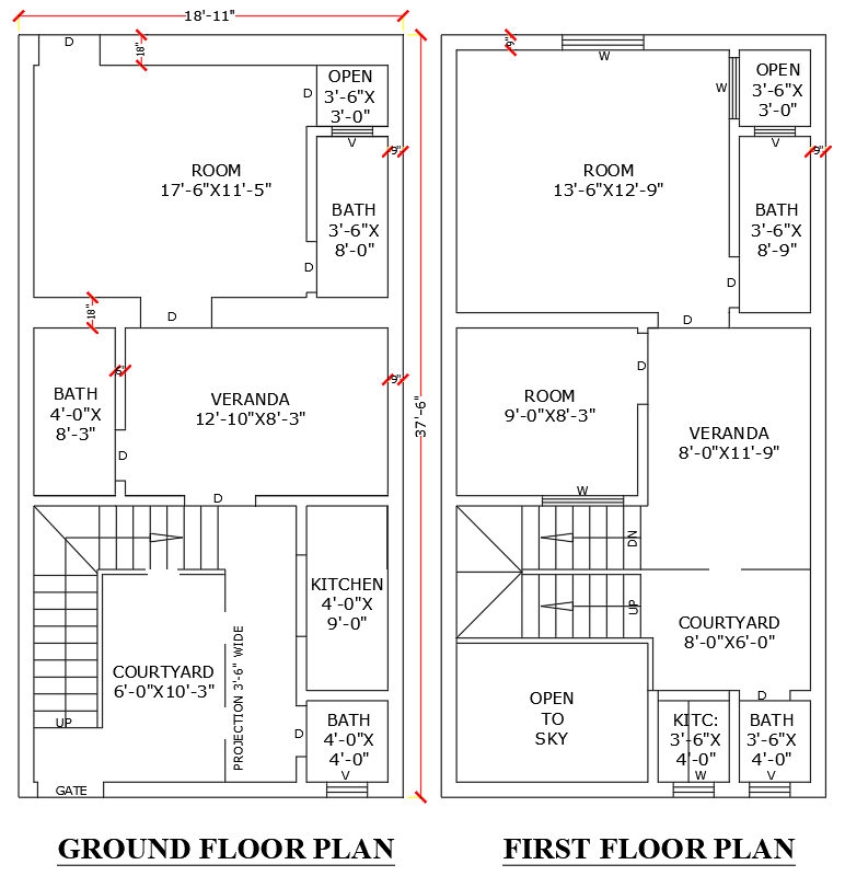 18.11x37.6 ft 3BHK house plan DWG layout ground first