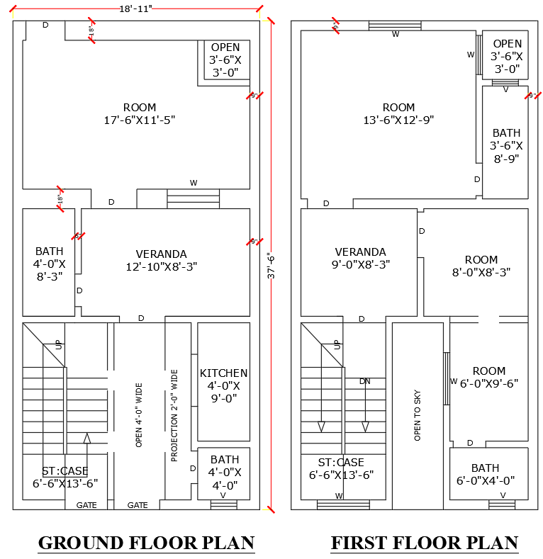 18.11x37.6ft 4BHK house plan DWG ground and first floor