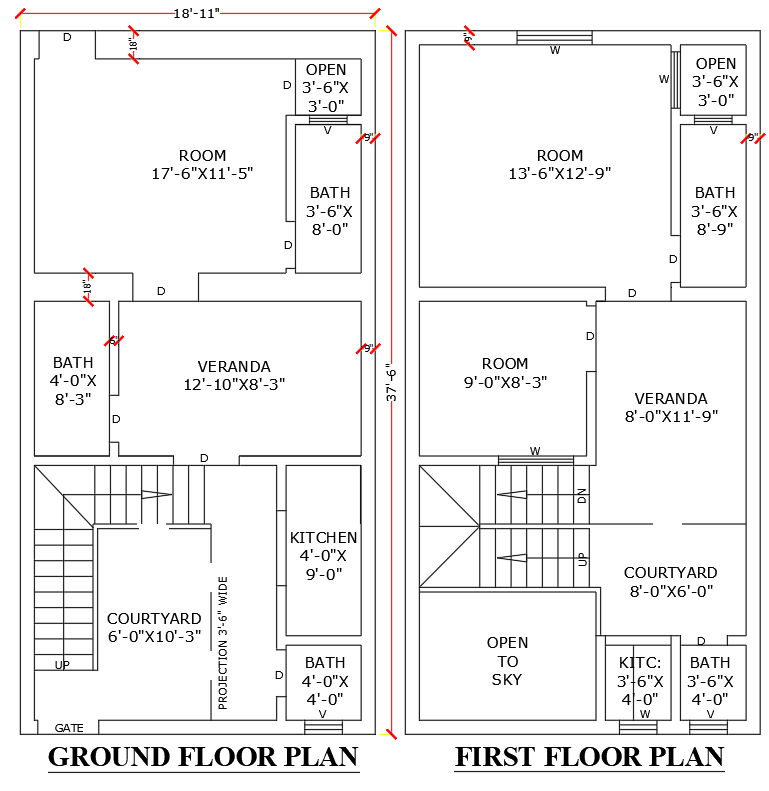 18.11ftx37.6ft 3BHK Ground and First Floor House Plan