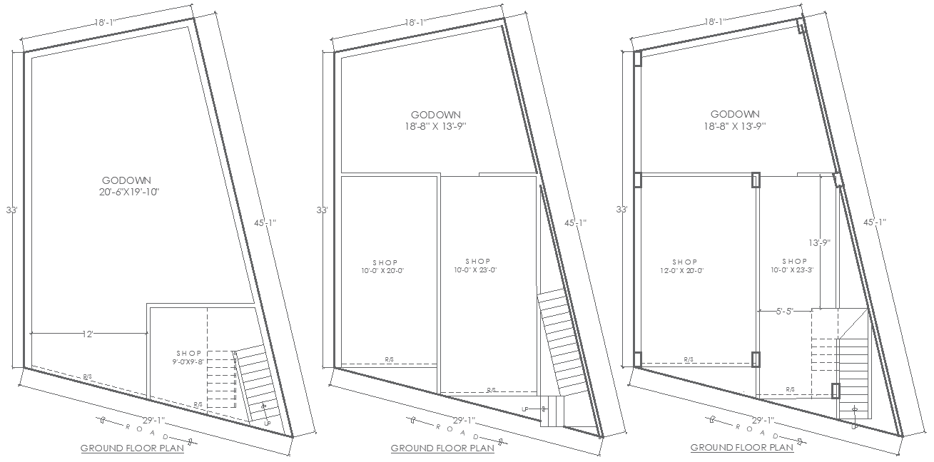 18.1ft x 33ft Three Different Ground Floor Godown and Shop Layout Plan Design AutoCAD DWG File