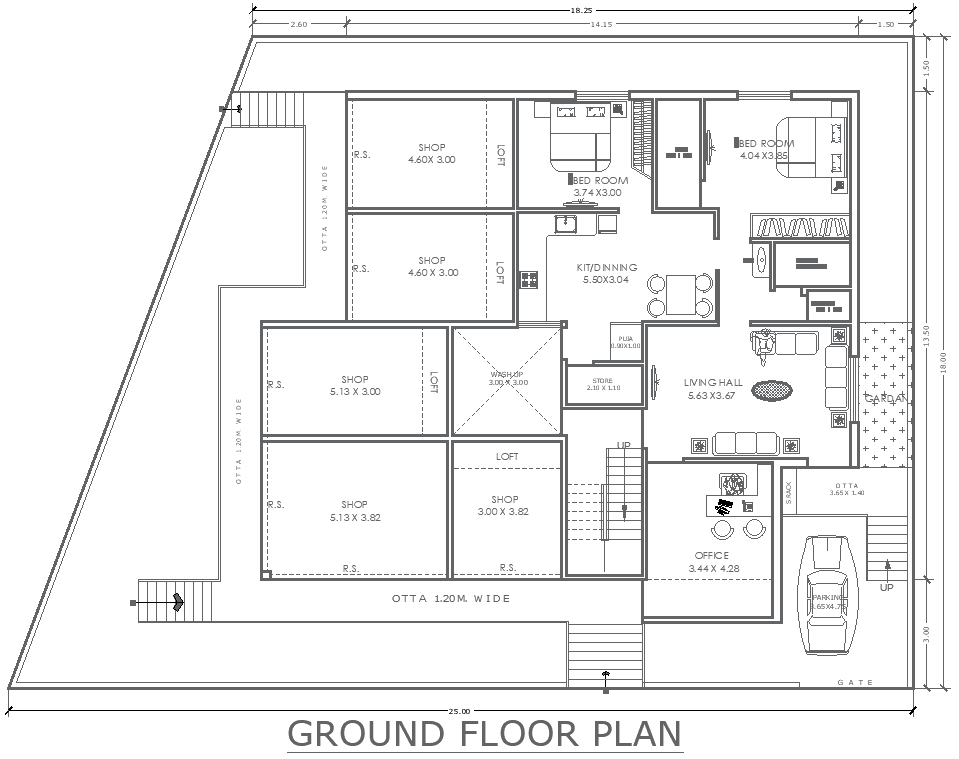 18.25mx18m Ground Floor Shops and 2BHK House Plan DWG File