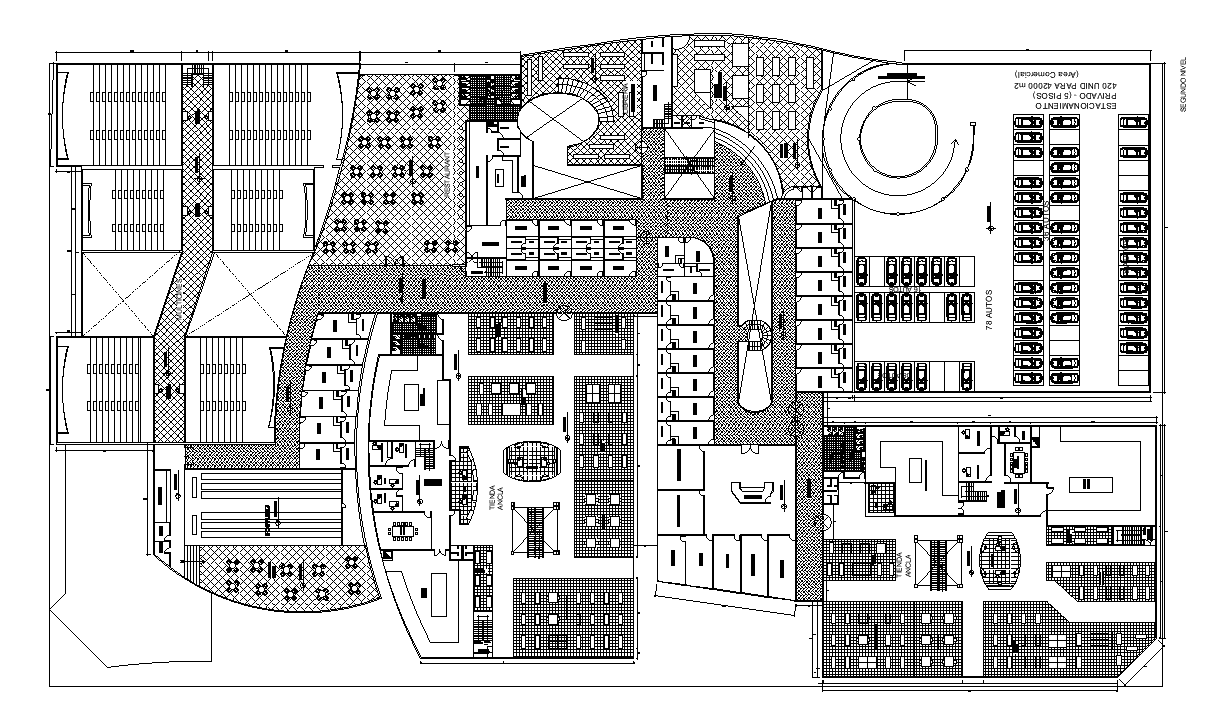 182x102m 2nd floor shopping mall plan is given in this AutoCAD model. Download now.