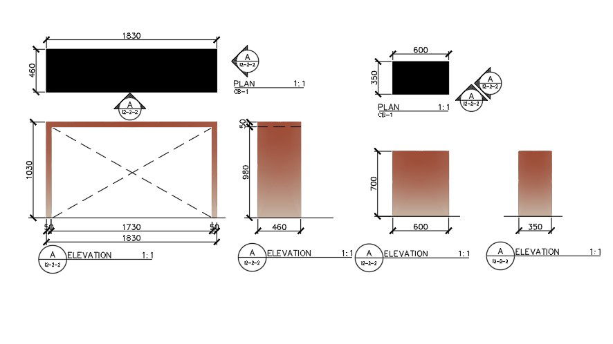 Store Design Box CAD Plan with 1830×460 mm Elevation Views