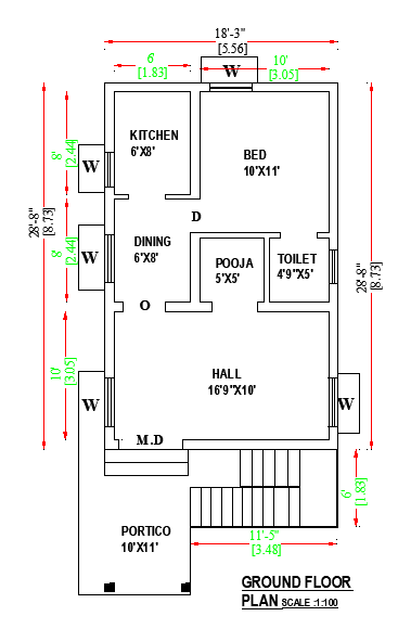 18'3"X 28' North facing single bhk single storey house plan is available in this DWG CAD file.Download Autocad DWG and PDF file format .
