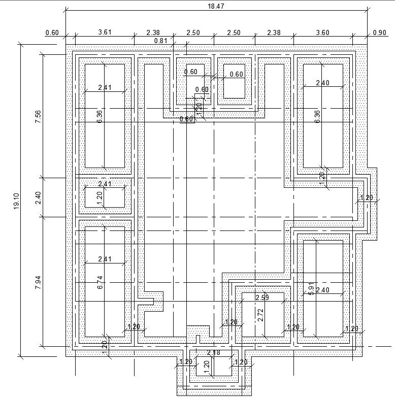 18.47 x 19.10 Metre Foundation Plan With Centre Line Cad File.