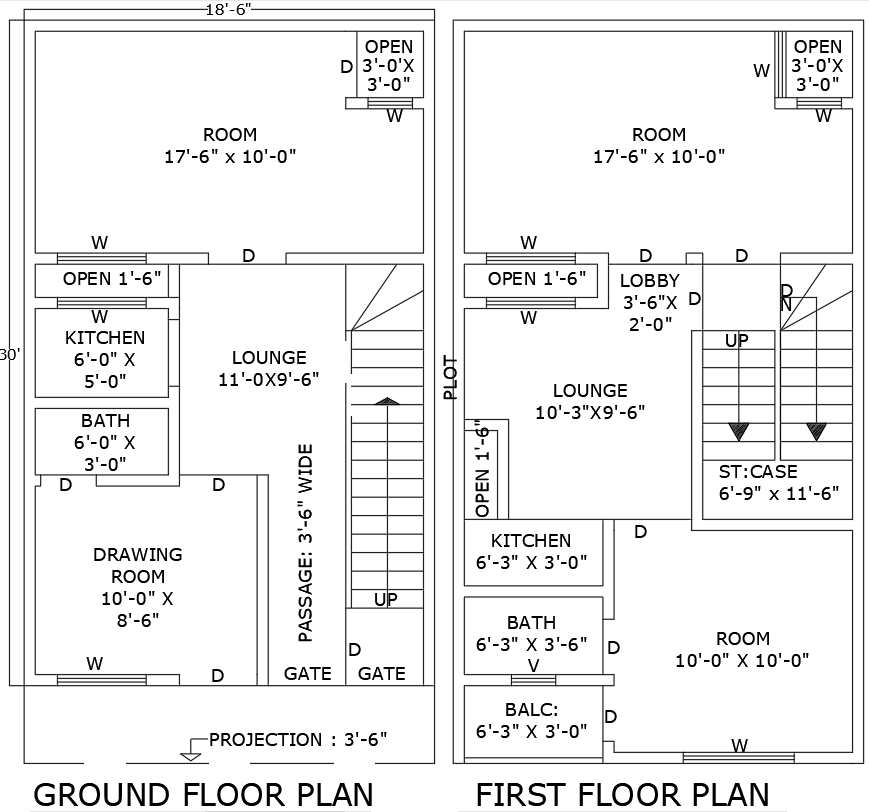 18.6x30 ft 3BHK house design with DWG floor plan layout