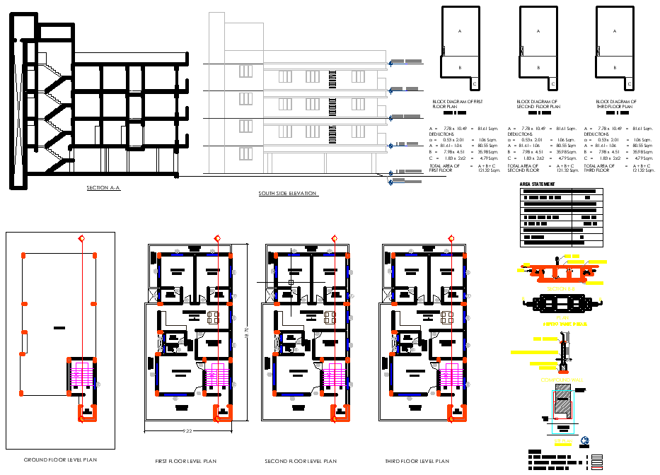 18.7x9.22m Multi-Story and 3BHK Apartment AutoCAD Drawing Plan