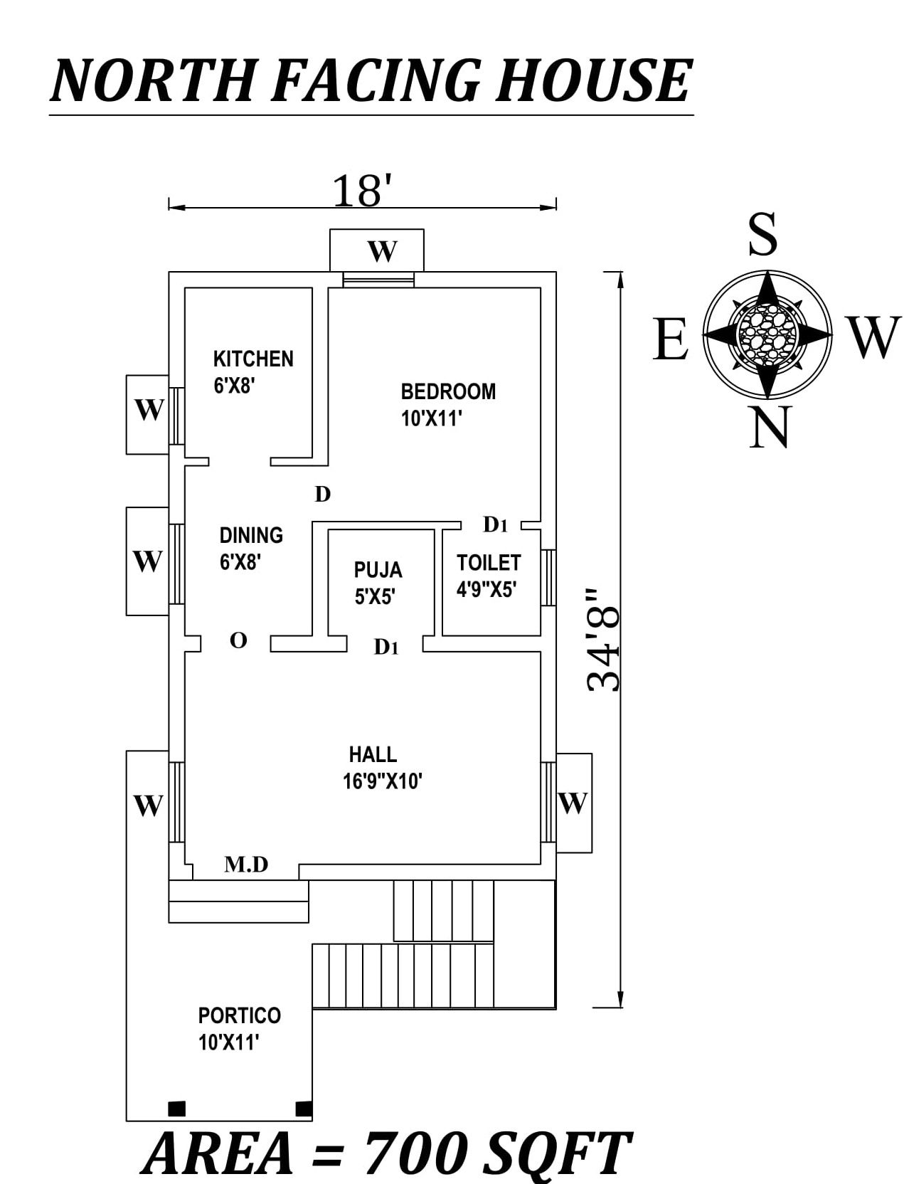 18' X 34'8" Single BHK North facing small House Plan As Per Vastu Shastra,Autocad DWG file Details