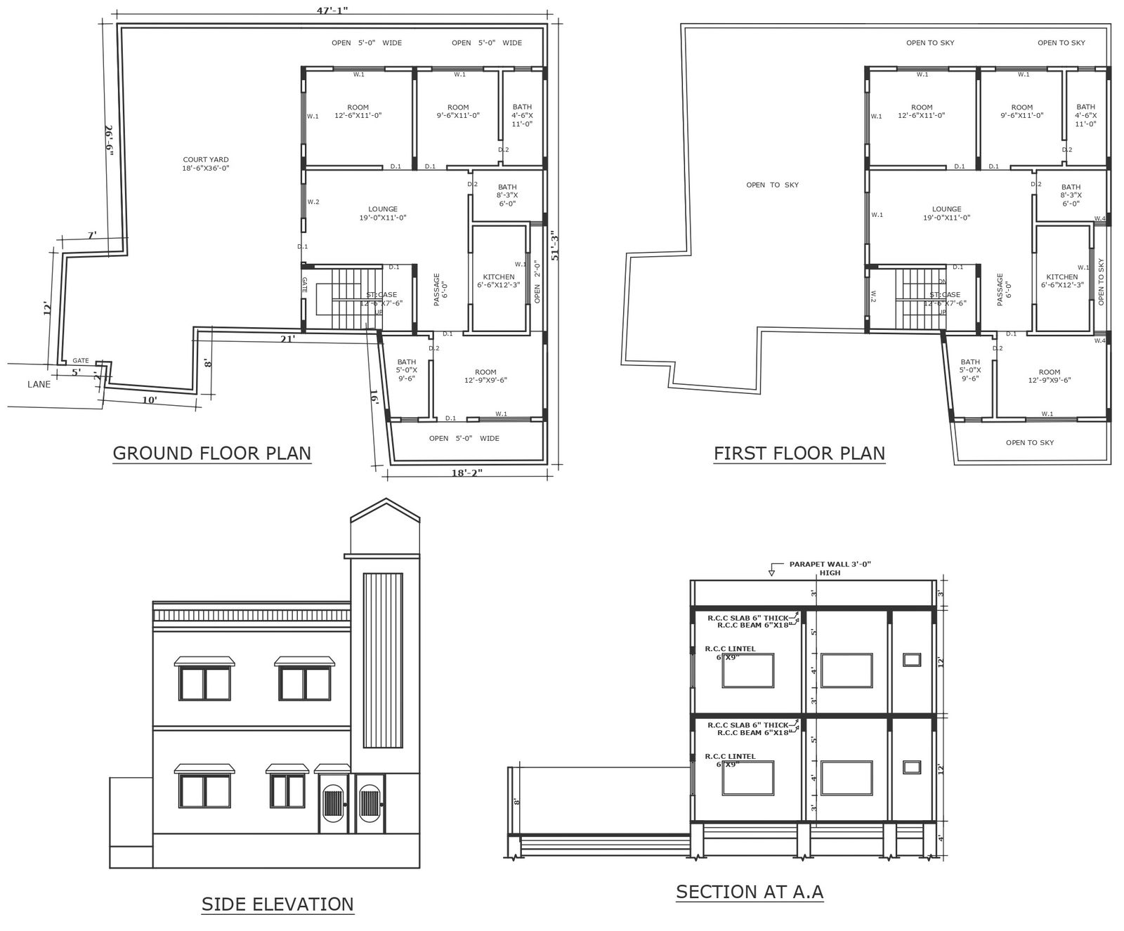 18X36 ft courtyard design detailed plan section and elevation DWG autoCAD drawing