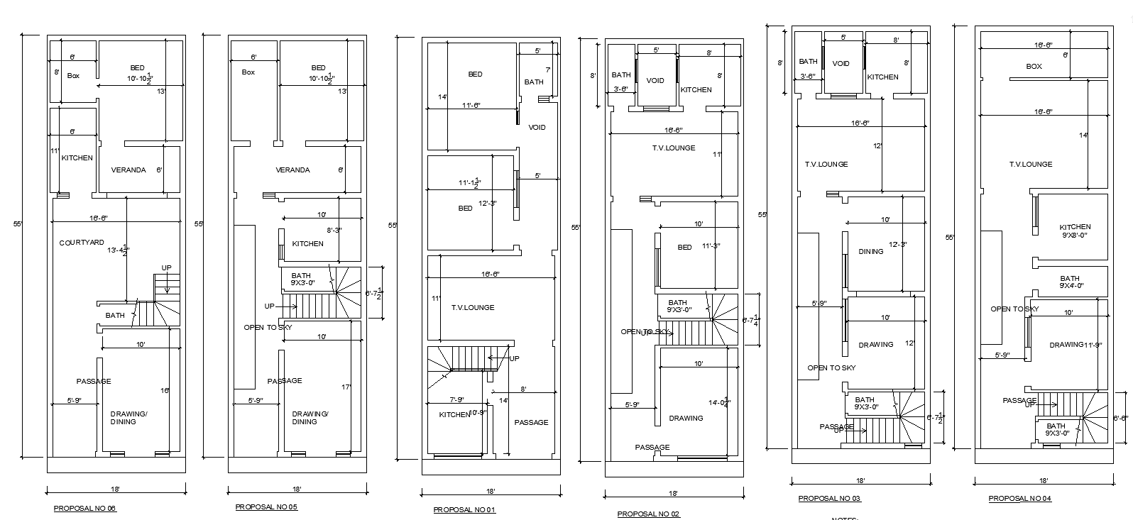 18'X55' Six Different types of single BHK House plan AutoCAD DWG file.Download the DWG file.