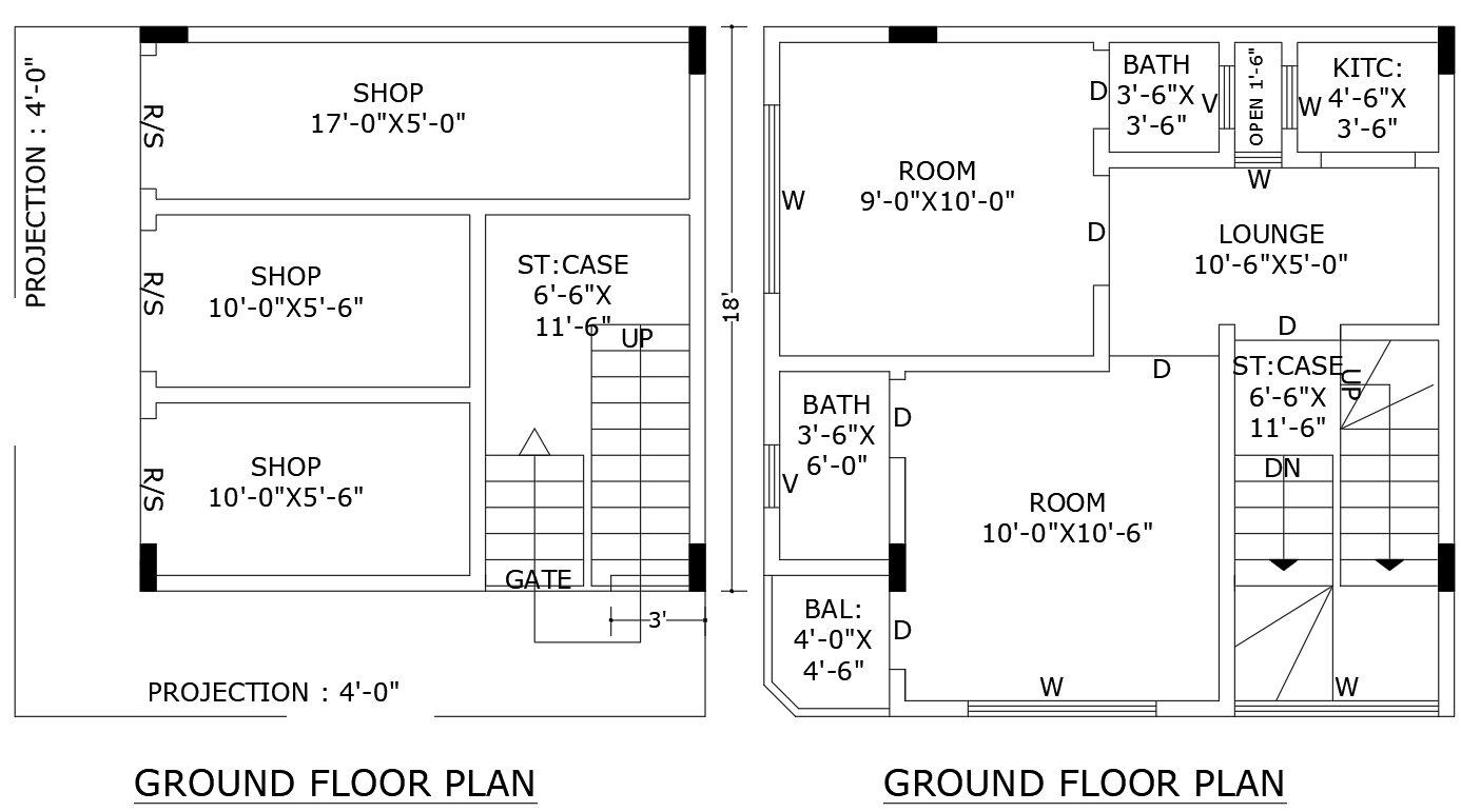 18x18 Feet Two Ground Plans with House and Shop Unit