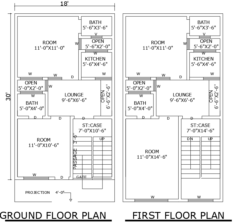 18x30ft 4BHK house plan DWG with two floor layout file