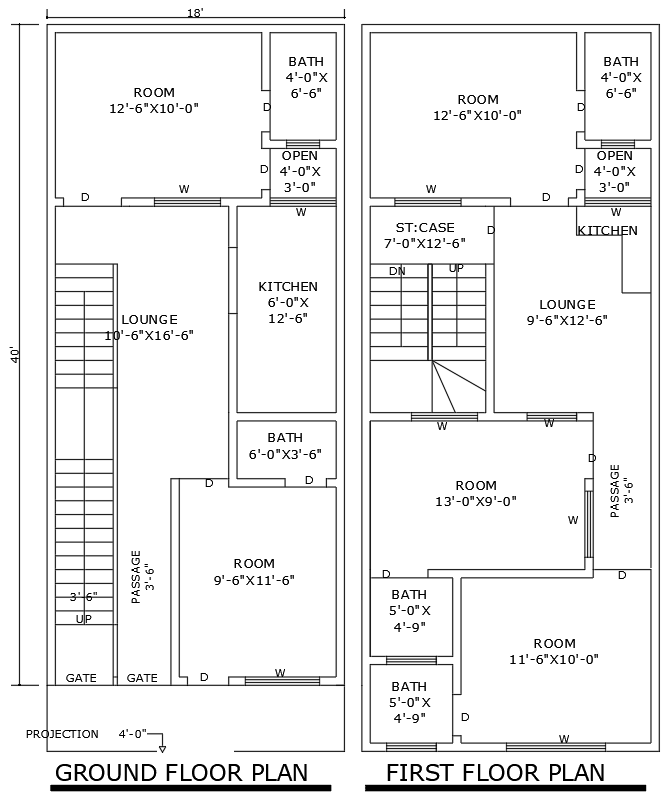 18x40ft 5BHK house plan DWG with first floor layout