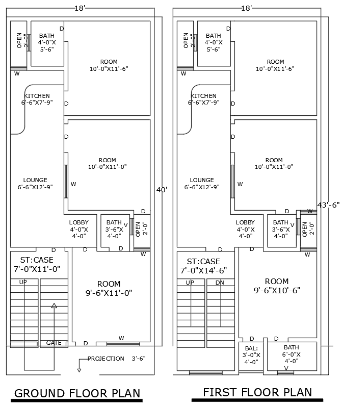 18x40 Feet 6BHK Floor Plan with Ground and First Level