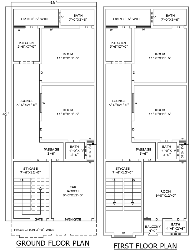 18x45 Feet 5BHK Two Floor House Plan in DWG Format