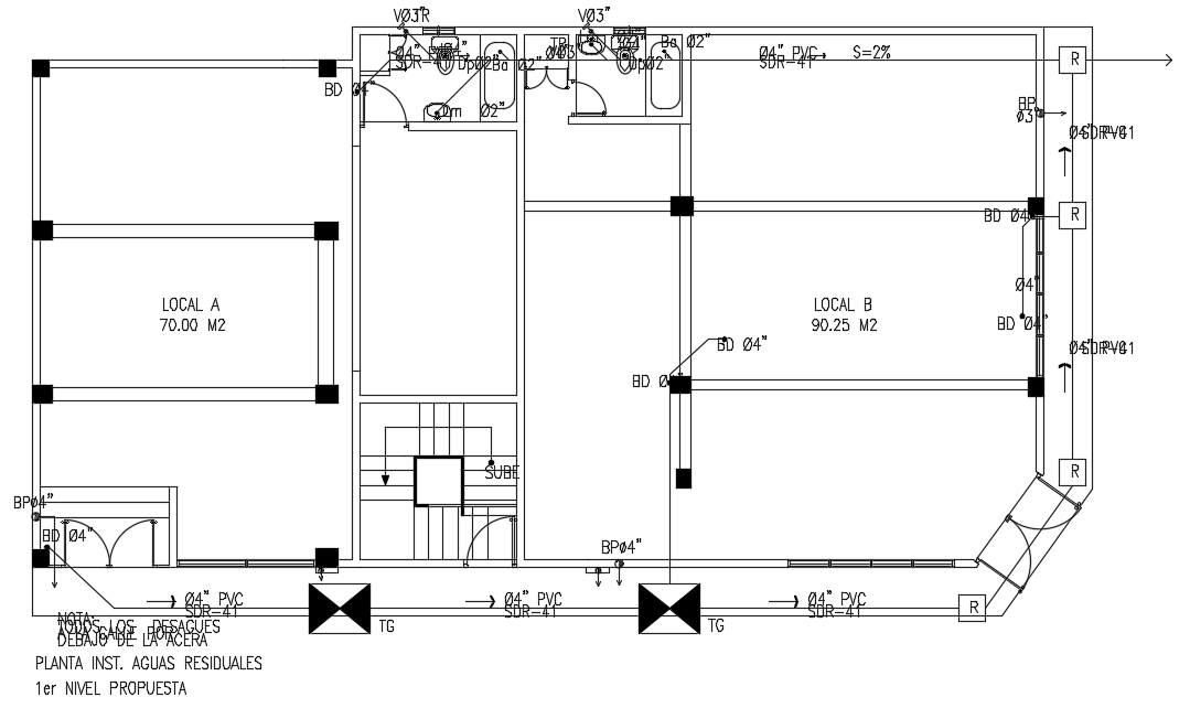 18x11m local shop waste water line AutoCAD 2d drawing