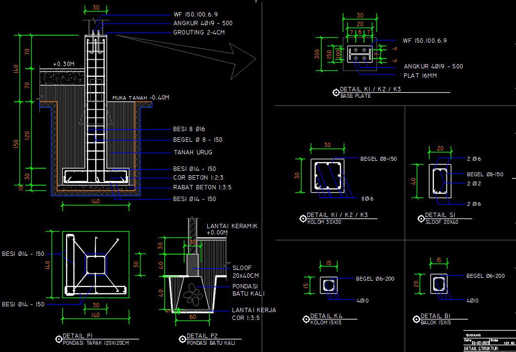 18x12m warehouse building column and foundation section drawings