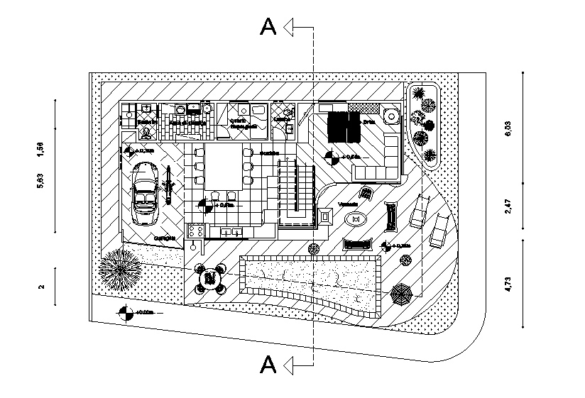 18x14m house plan is given in this Autocad file. Download now.