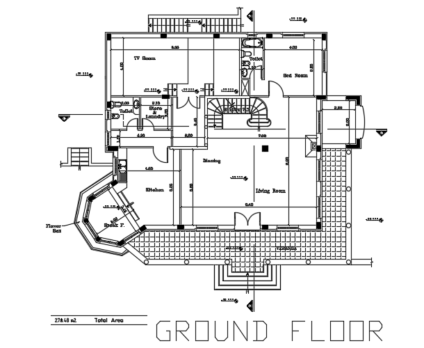 18x17m ground floor house plan 2D AutoCAD drawing